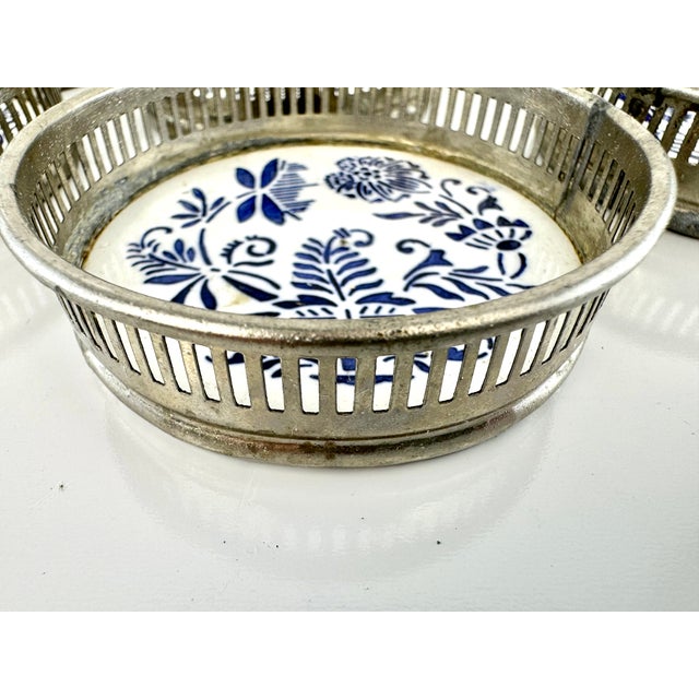 Vintage Blue & White Porcelain Coaster Set With Pierced Metal Tray, Blue Onion Style Barware Set For Sale - Image 4 of 9