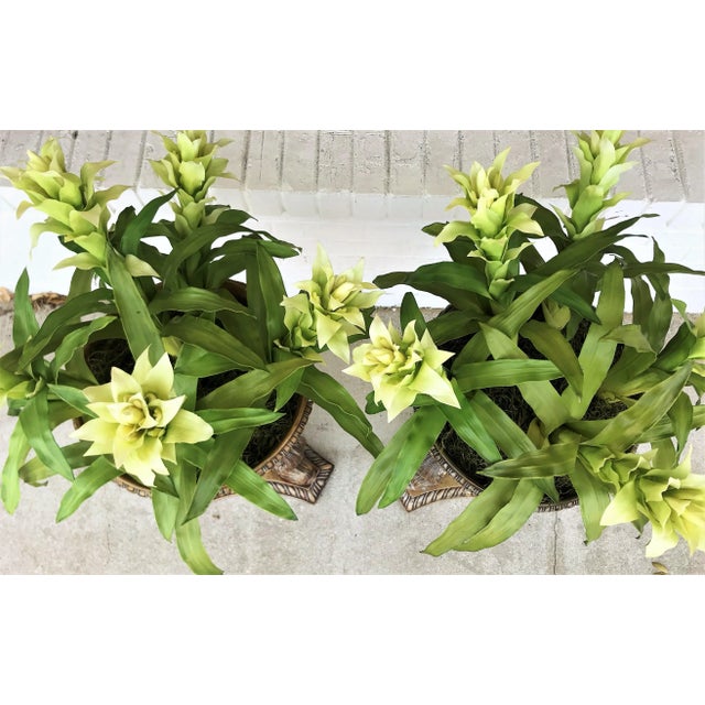 Late 20th Century Koi Fish Pedestal Planters With Faux Floral Bromeliads- a Pair For Sale - Image 5 of 11