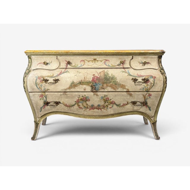 Chinoiserie Venetian, Chinoiserie Bombé Commode, Beige Painted, Faux Marble, Italy, 1920s For Sale - Image 3 of 18