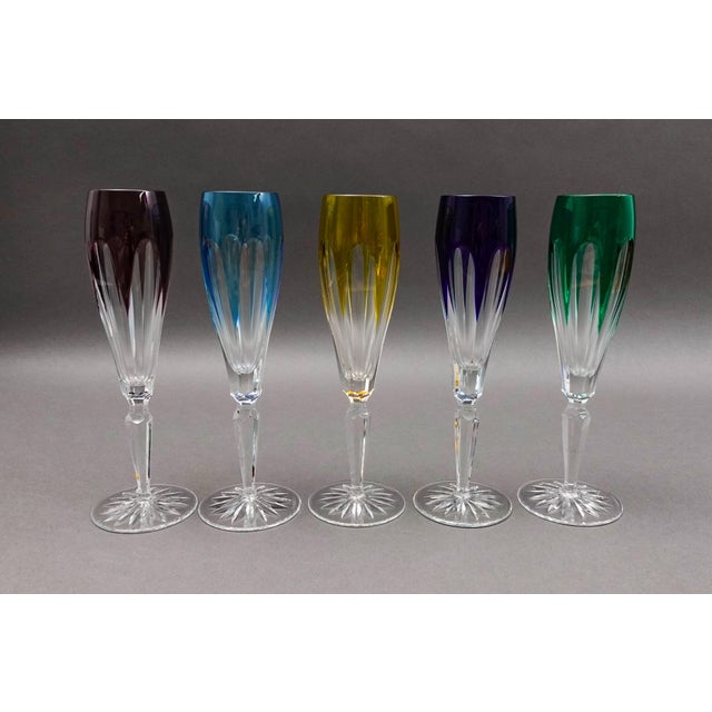 Mid 20th Century Faberge Crystal Lausanne Multicolored Champagne Flute Glasses- Set of 5 For Sale - Image 4 of 9