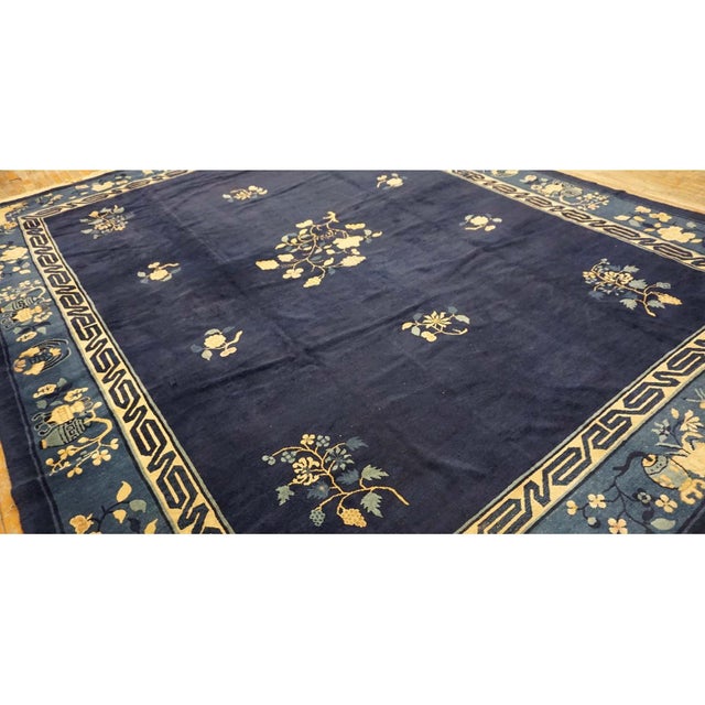 1920s Blue Navy Vase Floral Antique Chinese Peking Carpet Knotted Wool Deco Rug For Sale - Image 4 of 10