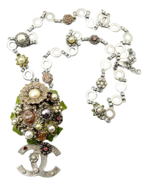 Chanel Rare Vintage Silver Enamel Flowers CC Large Pendant Necklace