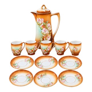 Vintage M Z Austria Chocolate Coffee Set Hand Painted Roses Gold Trim - 12 pcs For Sale