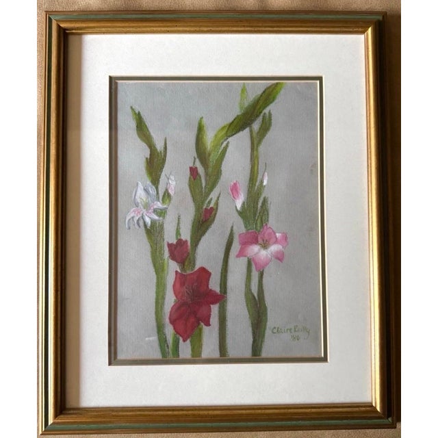 French Country Pair of Signed 1986 Claire Reilly Botanical Pastels in Original Gilt Frames For Sale - Image 3 of 11