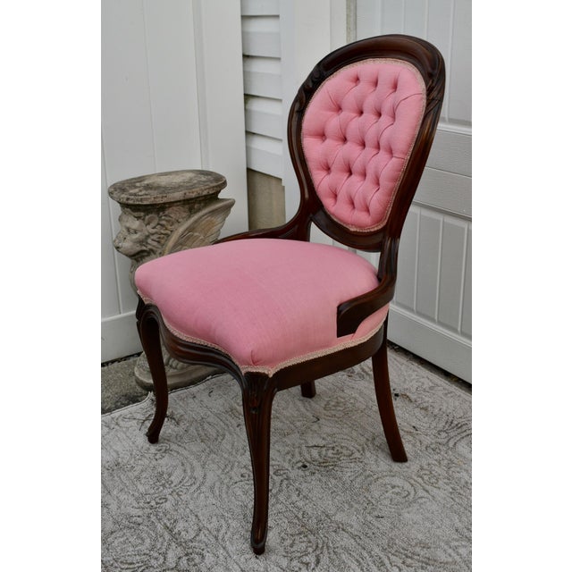 Antique Walnut Parlor Chair Victorian Style Tufted Pink Bedroom Accent Vanity For Sale - Image 4 of 13