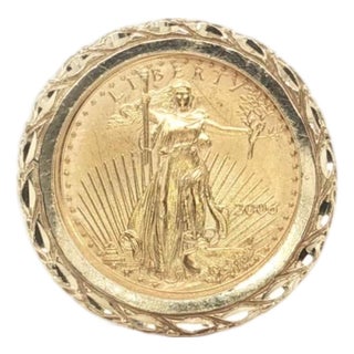 Mid 20th Century Liberty $5 Gold Coin Ring 22K Coin 14K Yellow Gold Filigree Frame Size 6.5 For Sale