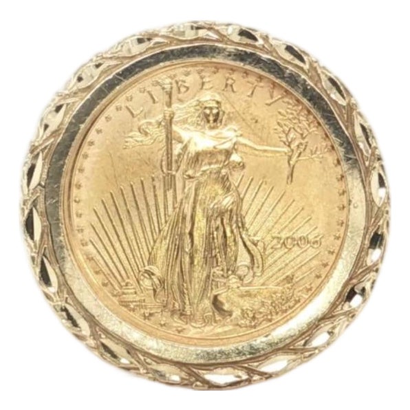 Mid 20th Century Liberty $5 Gold Coin Ring 22K Coin 14K Yellow Gold Filigree Frame Size 6.5 For Sale