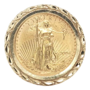 Mid 20th Century Liberty $5 Gold Coin Ring 22K Coin 14K Yellow Gold Filigree Frame Size 6.5
