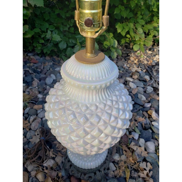 Metal Mid 20th Century Accurate Casting Art Deco Hollywood Regency Glass Lamp Iridiscent Milk White Diamond Cut For Sale - Image 7 of 9