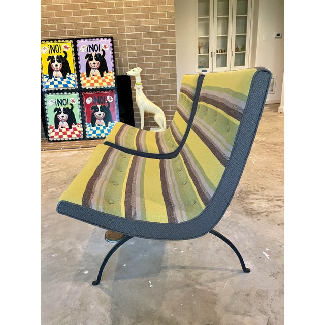 Reupholstered mid Century Modern Scoop Chairs by Milo Baughman, one with label, circa 1955. Wrought iron bases with tufted...