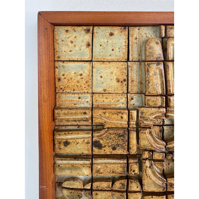 Mid-century Brutalist Abstract Studio Ceramic Wall Sculpture Art Tiles Offered for sale is a unique and beautifully...