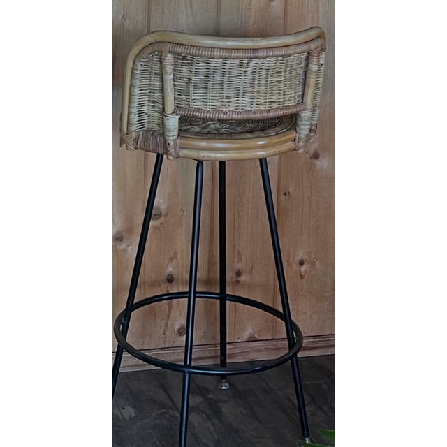 4 1960s Wicker/Bamboo/Wrought Iron Swivel Stools For Sale - Image 15 of 15