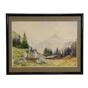 Alpine Landscape Watercolor Painting With Tyrolean Mountain Hut