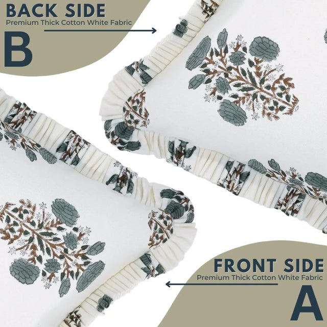 Not Yet Made - Made To Order Fabdivine Handmade Block Printed Frill Cushion Cover Gray 20x20 Inch Thick Cotton White- Swadesh For Sale - Image 5 of 5