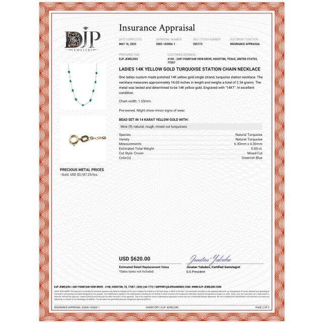 Metal Ladies 14k Yellow Gold Turquoise Station Chain Necklace For Sale - Image 7 of 7