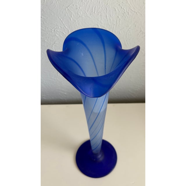 Mid 20th Century Tall Blue Satin Glass Trumpet Vase For Sale - Image 5 of 8