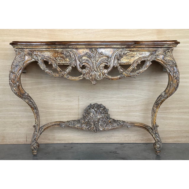 Late 19th Century French Louis XIV Style Carved Painted Wall Mounted Console Table with wood top For Sale - Image 6 of 18