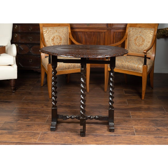Brown English 1850s Oak Gate Leg Oval Table with Carved Decor and Barley Twist Base For Sale - Image 8 of 12