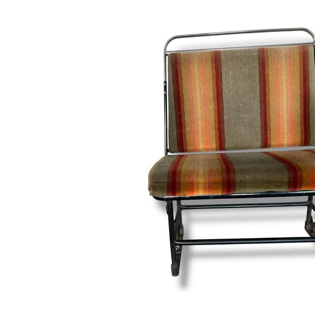 Vintage Industrial Bench with Striped Upholstery For Sale - Image 5 of 8