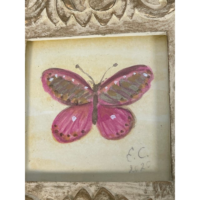 1970s Small Pink Lady Butterfly Original Paintings - Set of 2 For Sale - Image 4 of 5