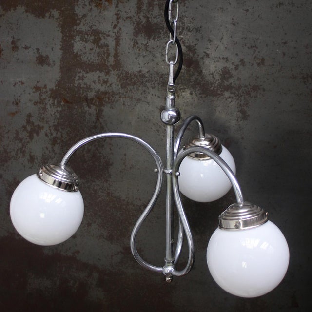 French Art Deco Nickel-Plated 3-Arm Chandelier with White Opaline Glass Globes For Sale - Image 4 of 10