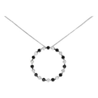 .925 Sterling Silver 1 3/4 Cttw Alternating Black and White Diamond Open Circle Hoop Pendant Necklace For Sale