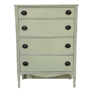 Painted Vintage Dresser | Cottage Style Chest of Drawers | Farmhouse Tall Dresser | Green Bedroom Storage | Shabby Chic Four Drawer Chest For Sale