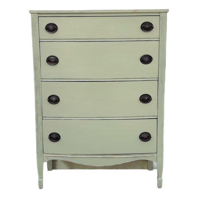 Painted Vintage Dresser | Cottage Style Chest of Drawers | Farmhouse Tall Dresser | Green Bedroom Storage | Shabby Chic Four Drawer Chest For Sale