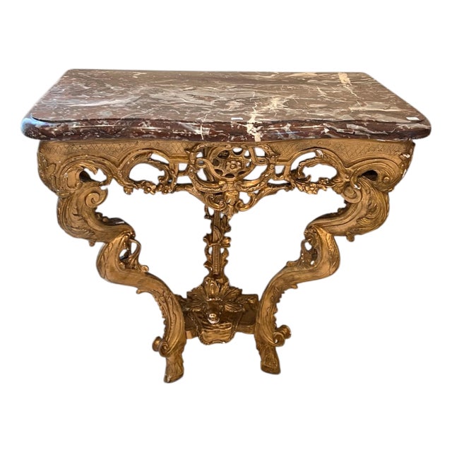 18th Century French Gilded Console With Marble Top and Hoof Foot For Sale