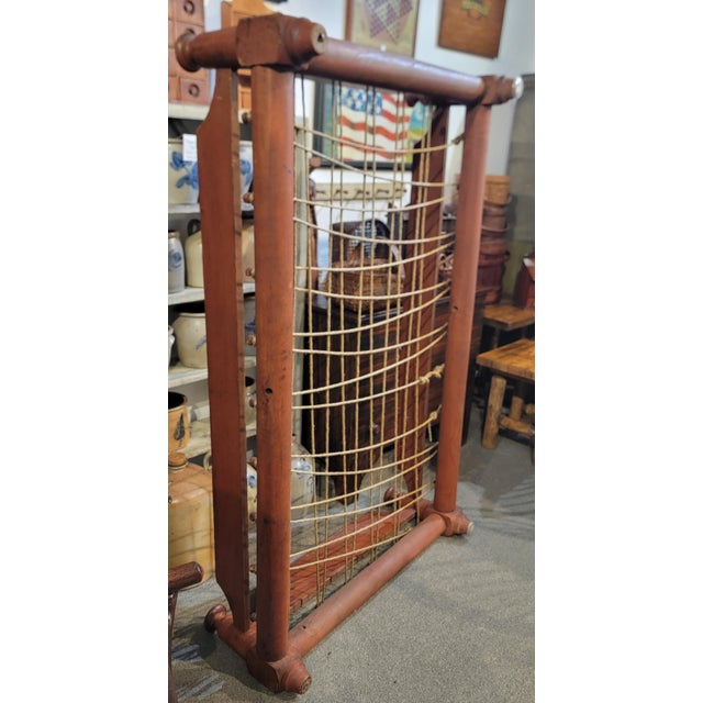 Salmon 19th C Original Salmon Painted Trendle Bed W/ Rag Rug Cushion For Sale - Image 8 of 9