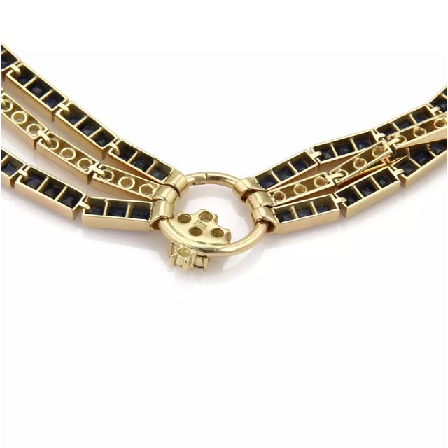 1990s Estate 54.60ct Diamond & Sapphire 18k Yellow Gold Fancy 3 Row Necklace For Sale - Image 5 of 5