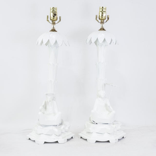 Pair of Vintage Chinoiserie White Tole Palm Tree and Figurine Table Lamps For Sale - Image 12 of 12