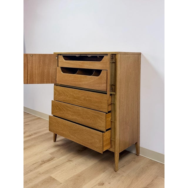 Mid Century Tallboy Dresser MCM Five Drawer Brass Accent Warm Gray Tone Wood For Sale - Image 10 of 14
