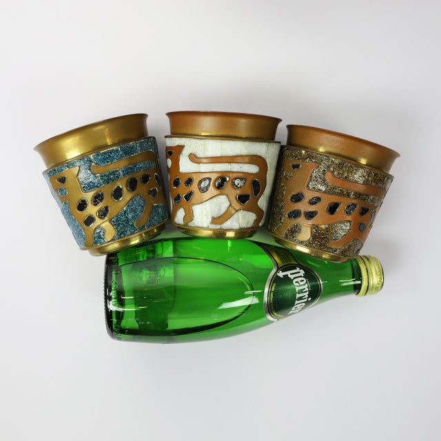 Mexican 1960s Fantastic Mosaic and Brass Pitcher by Salvador Teran with 3 glasses - Set of 4 For Sale - Image 3 of 5