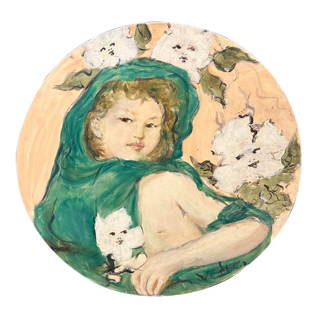 Vintage Tondo Original Expressionist Portrait Painting of a Woman by Marcel Vertès For Sale