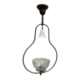 Vintage 1900s Gas Harp Fixture With Vintage Gas Shade and Smoke Bell For Sale