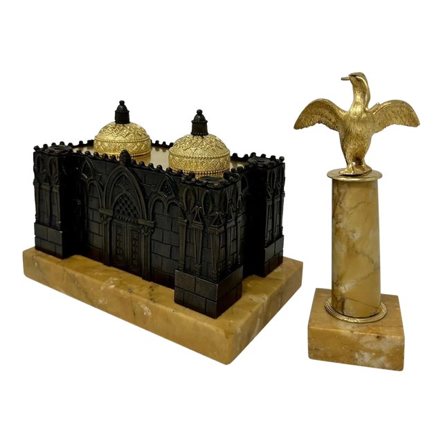 Antique Grand Tour French Bronze Desk Set Inkstand Church Cathedral Siena Marble For Sale