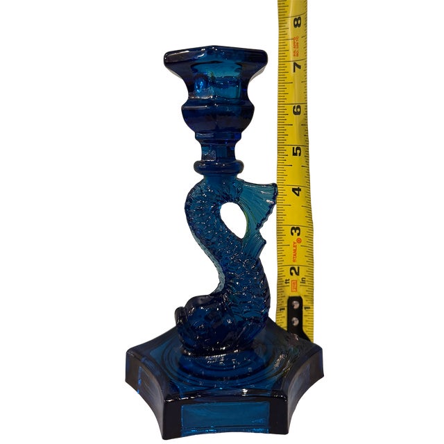 Glass Mid 20th Century l.e. Smith Cobalt Blue Glass Koi Candlestick For Sale - Image 7 of 9