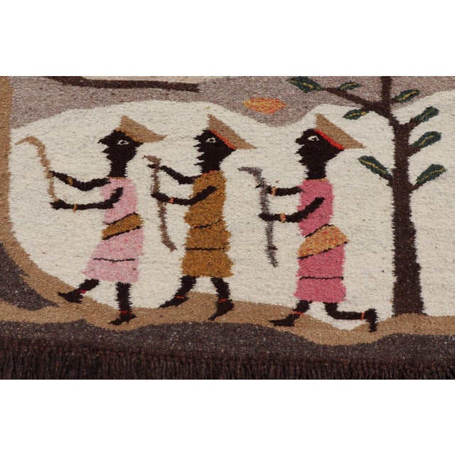 Textile Vintage African Tapestry With Tribal Village, Wildlife and Hunting Scene For Sale - Image 7 of 15