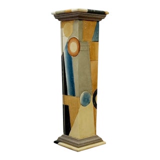 Vintage Postmodern Art Deco Hand Painted Pedestal Hidden Storage Cubist Column For Sale