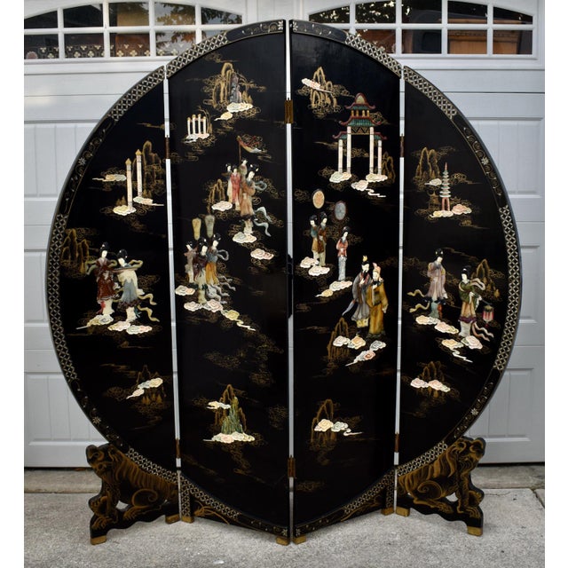 4 Panel Room Divider Vintage Chinese Coromandel Round Screen Black Lacquer For Sale In Philadelphia - Image 6 of 16