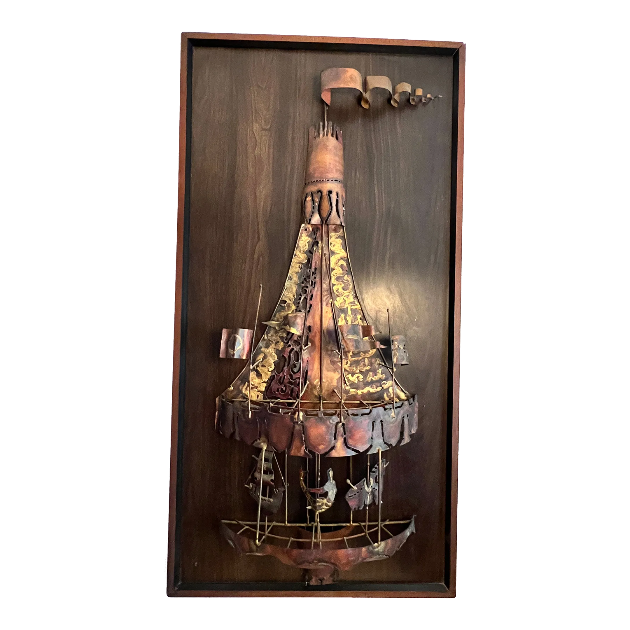 60s-70s 香港ヴィンテージ 銅製ウォールアート 3点セット 孔雀・戦車 1970s Hillside Original 3D Copper Brutalist Metal Work Sculpture