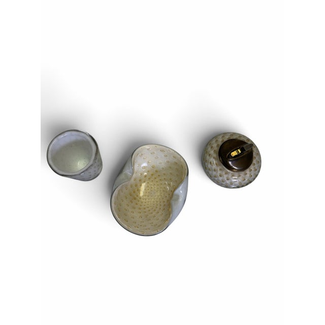 Murano Mid 20th Century Murano Bullicante White & Gold Fleck Glass Smoking Set - 3 Pieces For Sale - Image 4 of 8