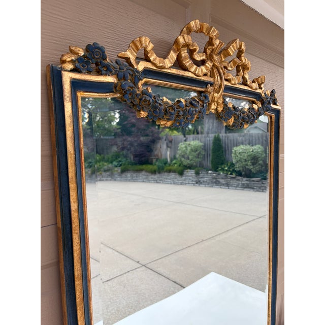 Late 20th Century Italian Giltwood Mirror With Blue Painted Details and Floral Swags For Sale - Image 10 of 12