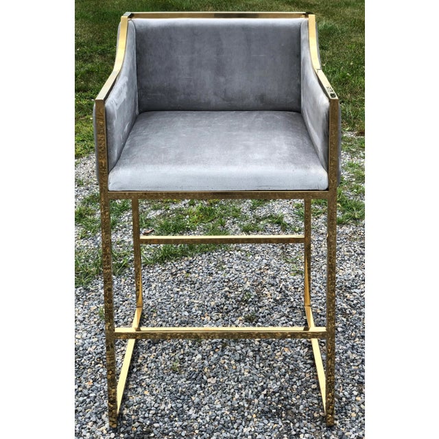 Modern Velvet and Gold Tone Counter Stools - a Pair For Sale - Image 4 of 9