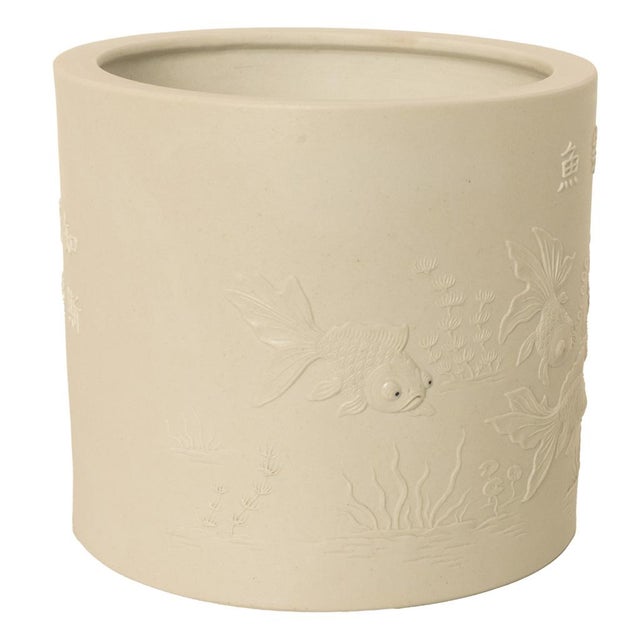 Mid 19th Century Antique Chinese Qing Biscuit Porcelain Scholar's Brush Pot Bitong Gold Fish 1850 For Sale - Image 5 of 16