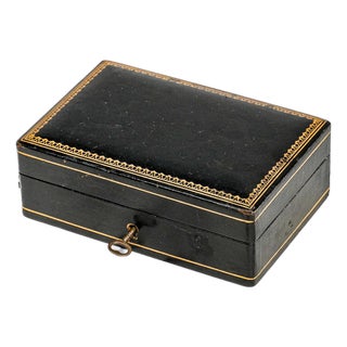 Nice Mid Century Vintage Italian Black Leather Gold Border Jewelry Trinket Box For Sale