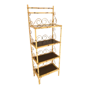 Rattan Burned Bamboo Decorative Scrolls 4 Tier Shelf Bookcase Etagere 1970s