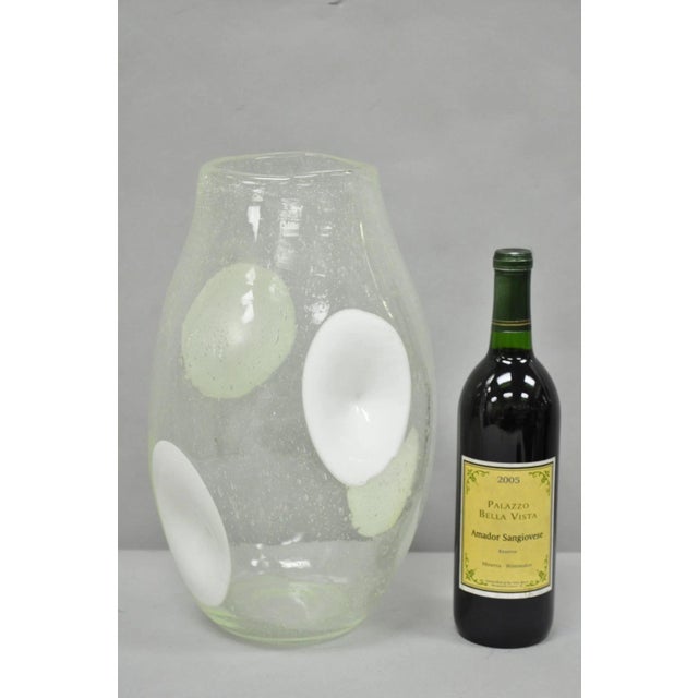 Vintage Mid Century Italian Modern Clear Pulegoso Bubble Glass with White Bullseye Dimple 14" Vase. Circa Late 20th...