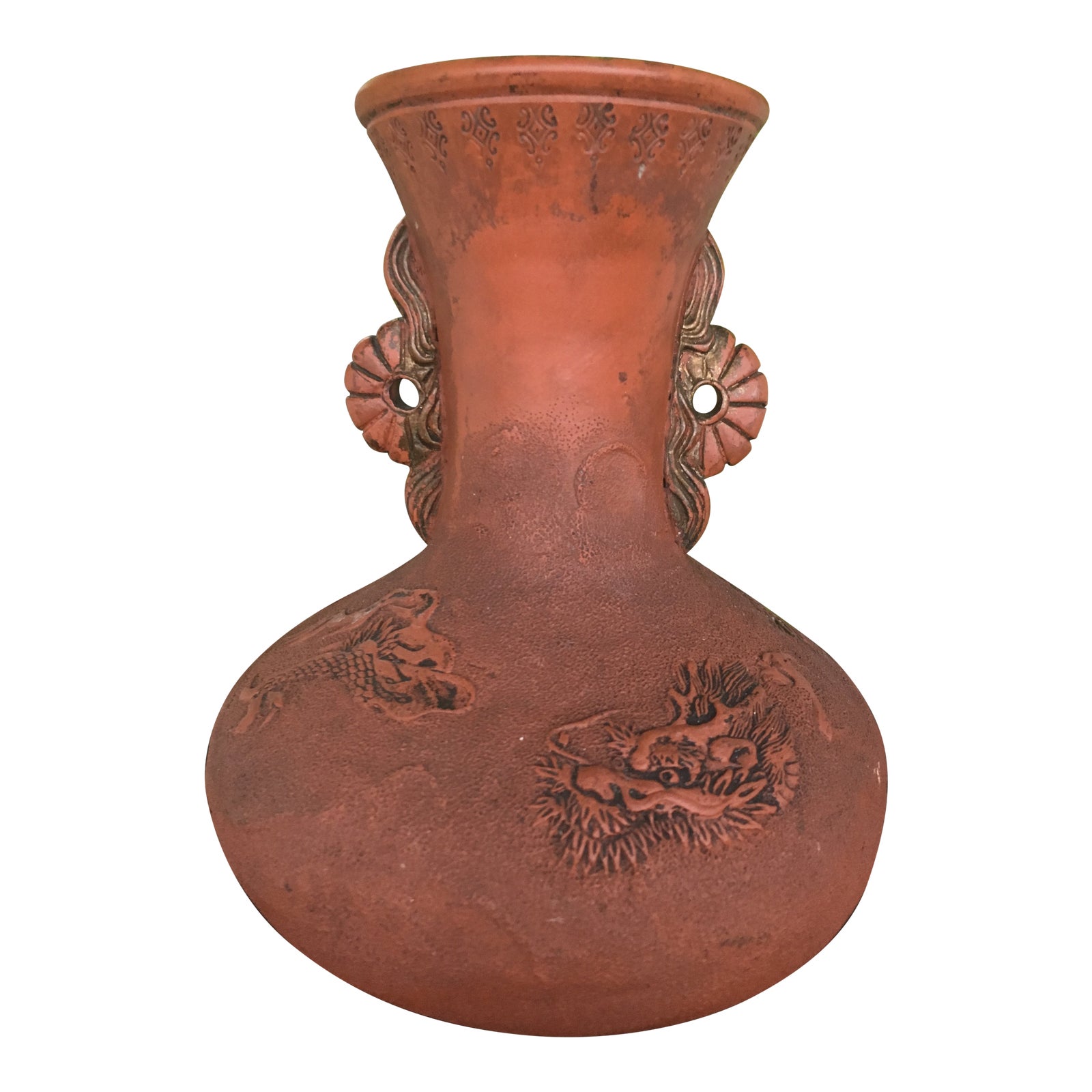 Antique Japanese Meiji Tokoname Dragon Relief Red Clay Redware Pottery